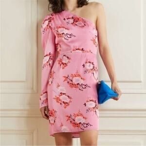 Les Reveries One Sleeve Floral Matte Satin Mini Dress Pink Gardenia Size 2
